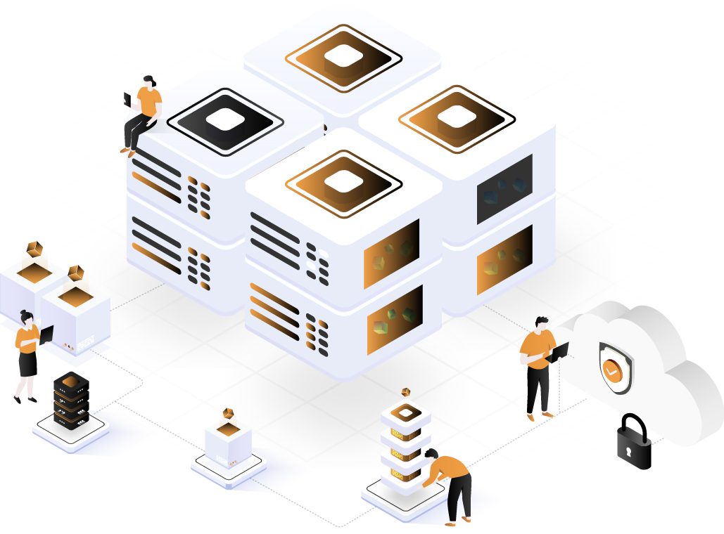 Abstract illustration of people working with Kubernetes. Abstrakt illustration av människor som jobbar med Kubernetes.