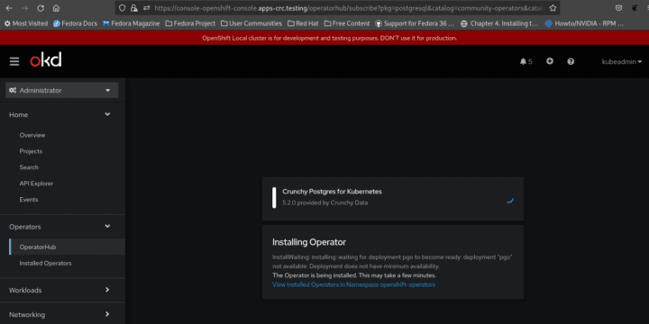 Installing the Crunchy Postgres for Kubernete operator wiki.js in OpenShift