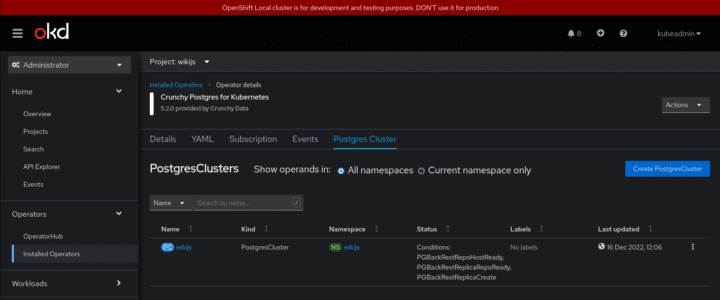 PostgresCluster CR wiki.js in OpenShift
