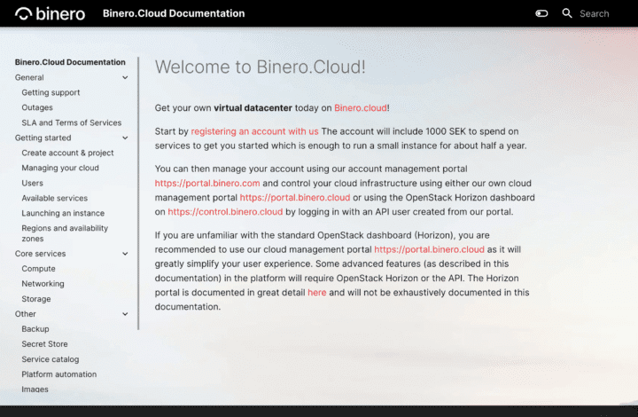 dokumentation för Binero cloud. Svensk public cloud byggt på OpenStack