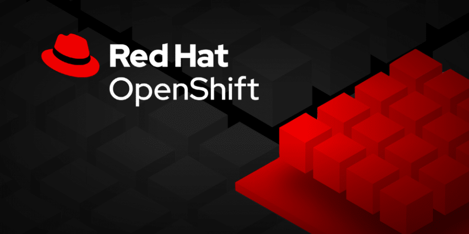 Text on image with red hat and cubes. ‘RedHat OpenShift’. Text på bild med röd hatt och kuber. "RedHat OpenShift".