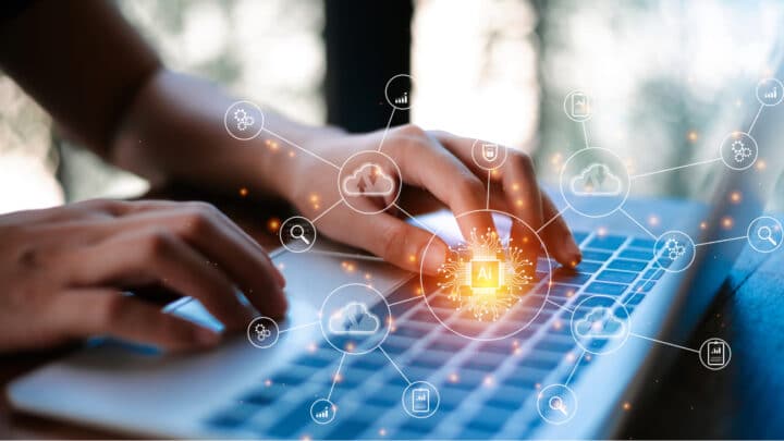 Photo of hands on keyboard. Technical illustrations and AI symbol. Foto av händer på tangentbord. Tekniska illustrationer och AI-symbol.