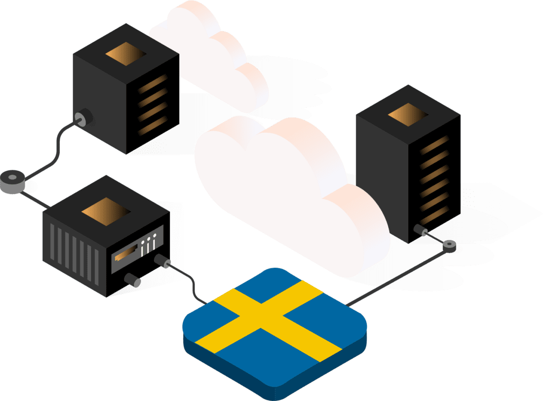 Illustration with cloud, servers and Swedish flag. Illustration med moln, servrar och svensk flagga.