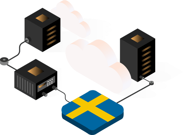 Illustration with cloud, servers and Swedish flag. Illustration med moln, servrar och svensk flagga.